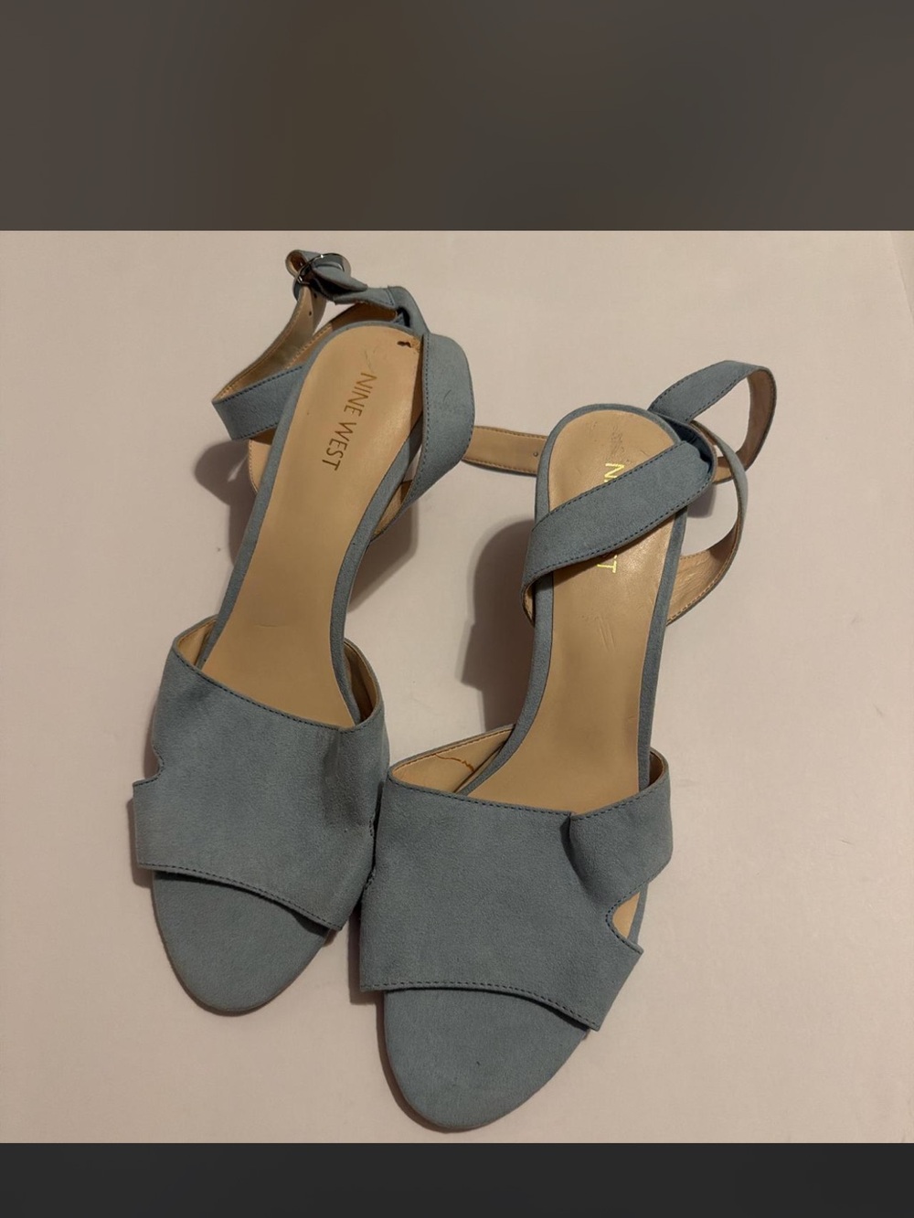 Nine West Dusty Blue Suede Open-Toe Ankle Strap Kitten Heels